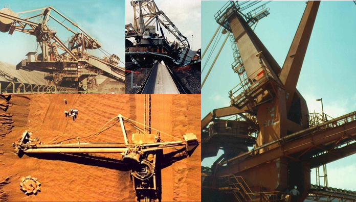 Various bulk handling machines operating at ports and mines, illustrating the importance of AS4324.1-2017 in ensuring robust and reliable machinery for Australia's industry.