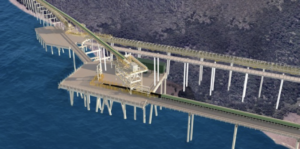 Head end of CVR261 piggy-back conveyor feeding onto wharf conveyor CVR264 via transfer tower.