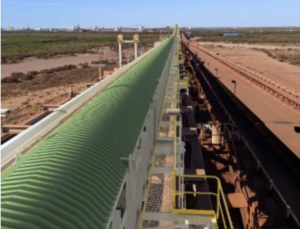 Overall view of new piggy-back conveyor CVR261 running above existing CVR161 and adjacent roadway.