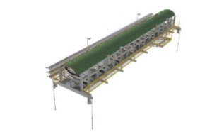 Detailed module of piggy-back conveyor with walkways, guarding and services.