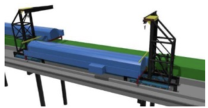 Diagram of SPMT crane system erecting conveyor modules from existing roadway.