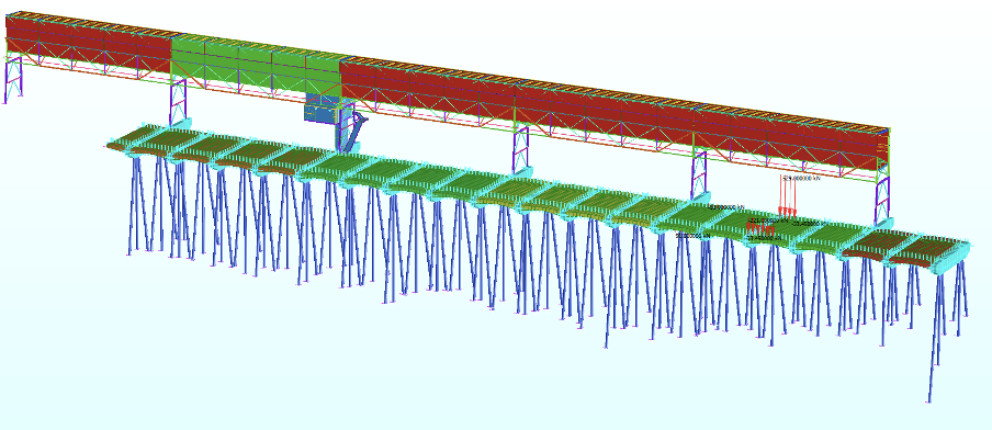 Structural model of the Burnie Port wharf including deck, crossheads, and conveyor gallery supports.