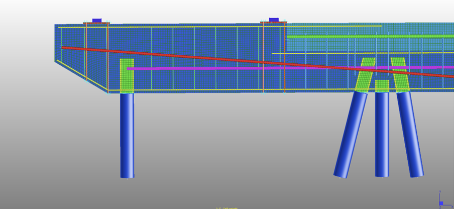 Non-linear plane stress model used to assess shear capacity of reinforced concrete wharf crossheads.