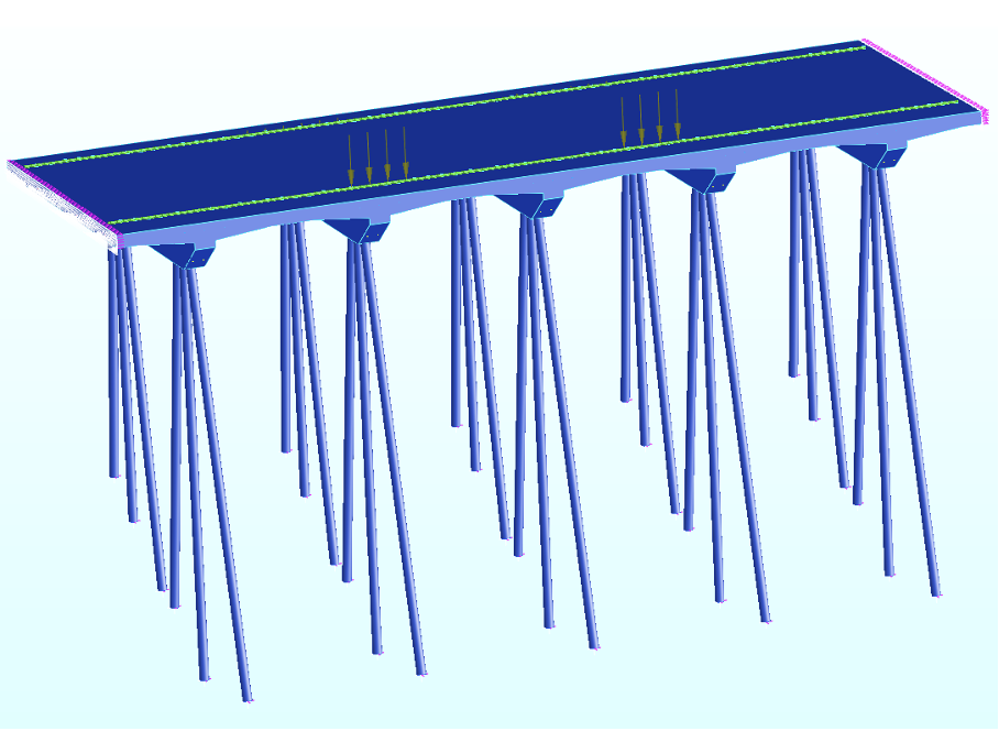 Three-dimensional solid finite element model of the wharf slab supporting shiploader rail loads.