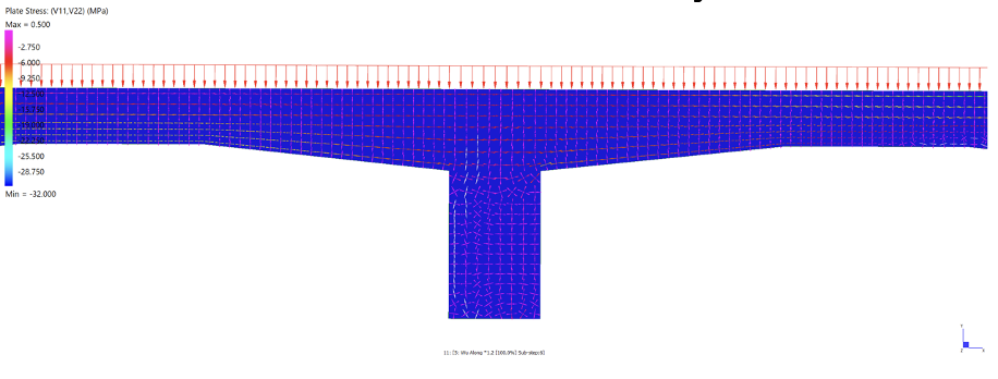 Plane stress analysis of the wharf deck showing principal stress distribution under peak shiploader loading.
