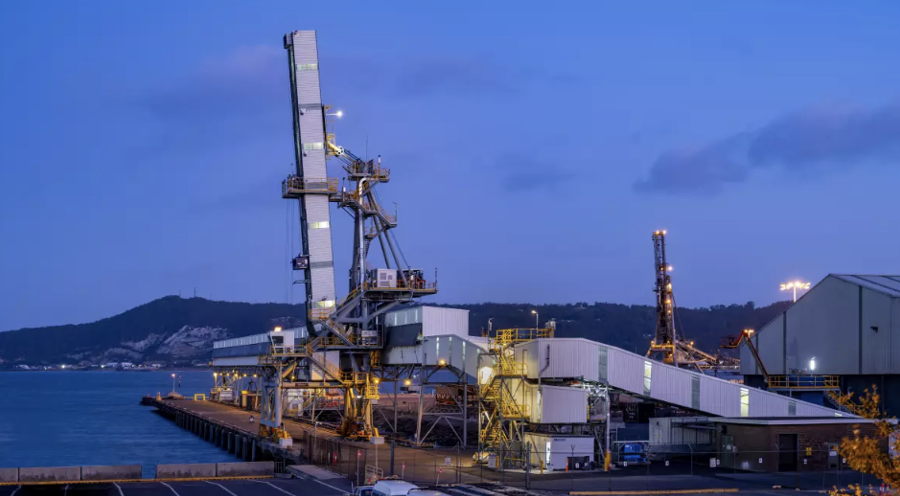 New rail-mounted shiploader installed at Burnie Port Berth 5, designed for increased loading capacity and enclosed material handling.