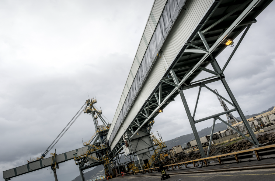 Wharf conveyor gallery at Burnie Port Berth 5 supporting material transfer to the shiploader.